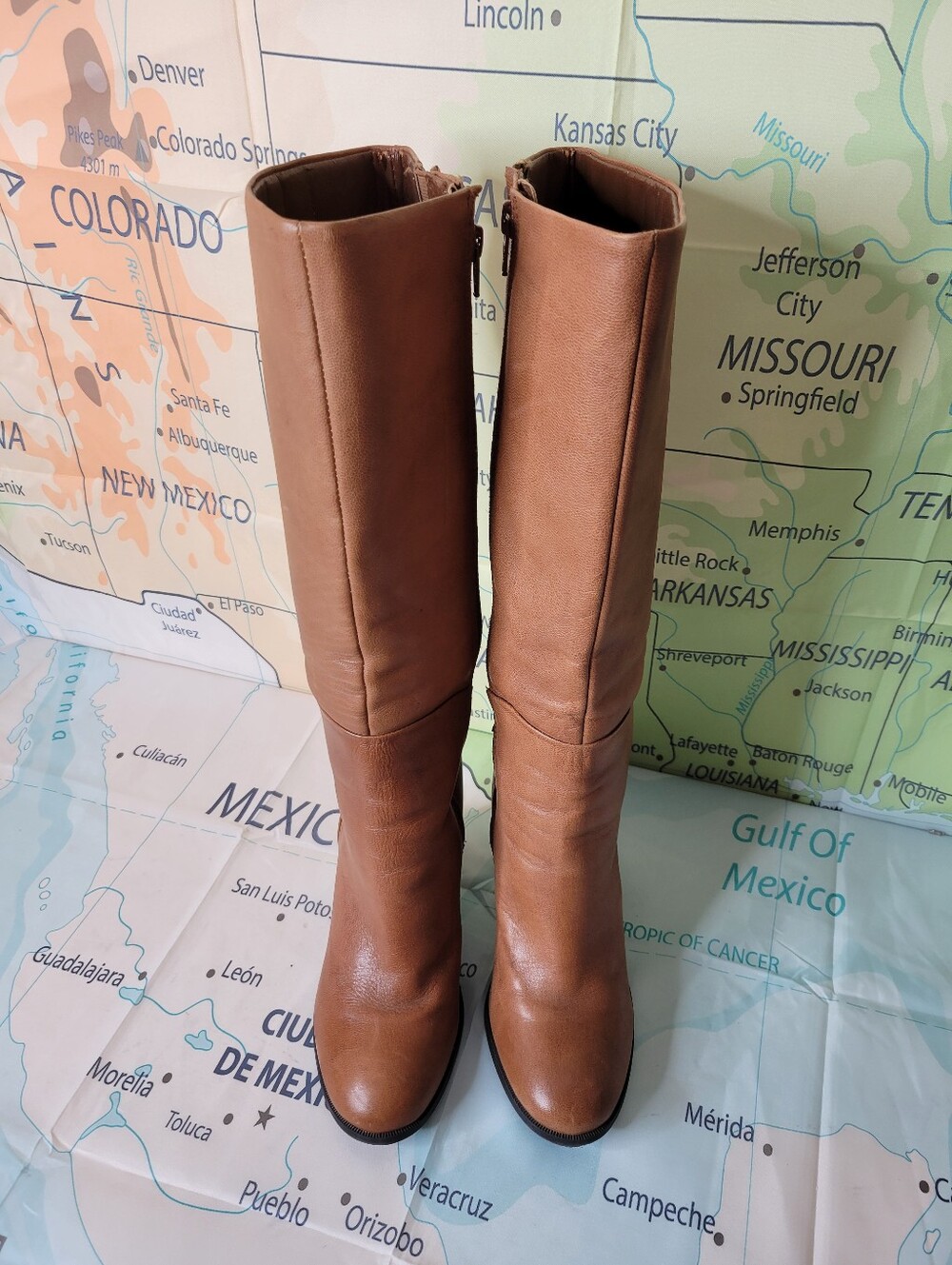 Liz&Co Tall Leather Riding Boots in Brown With Stacked Heel